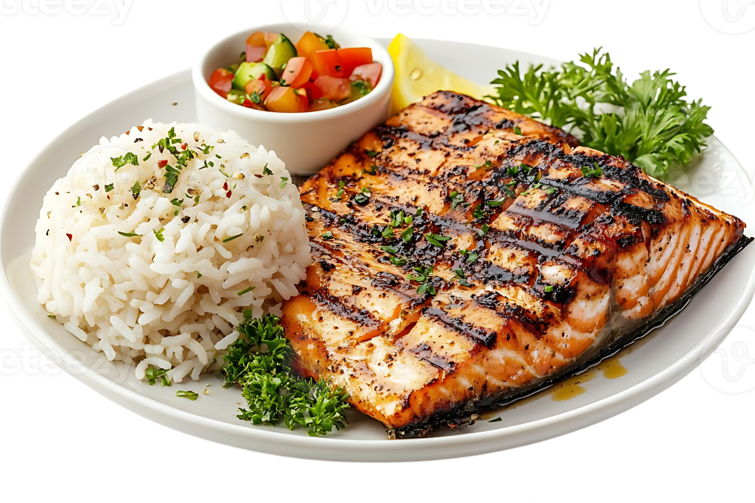 Grilled Salmon with Rice and Salsa, Delicious Dinner Option with a Transparent Background png