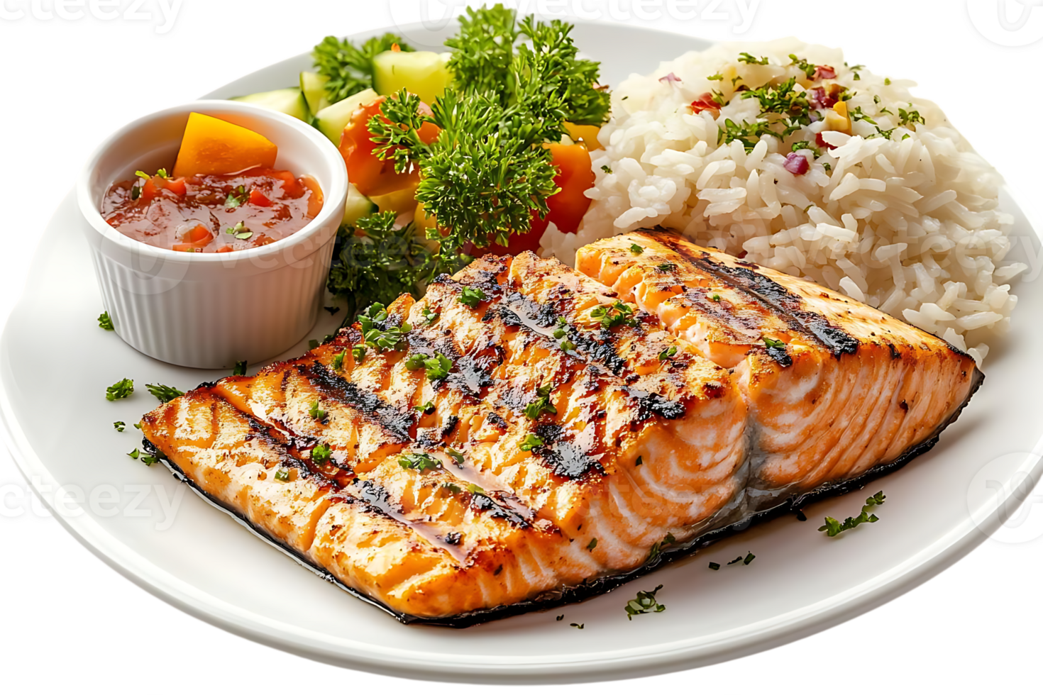 Grilled Salmon with Rice and Salad, a Delicious and Healthy Meal with a Transparent Background png