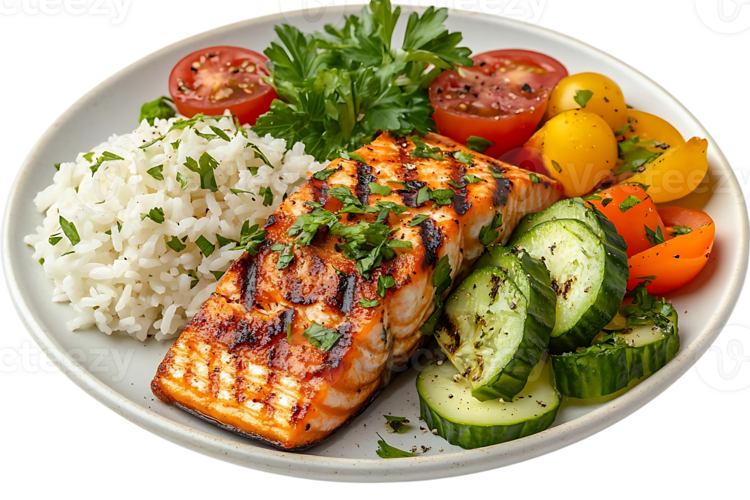 Grilled Salmon with Rice, Cucumbers, and Tomatoes with a Transparent Background png