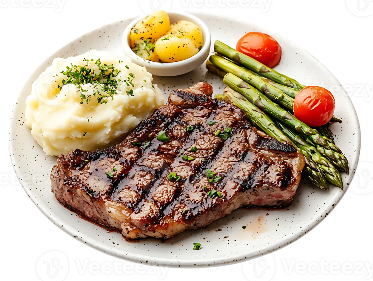 Grilled Steak with Mashed Potatoes, Asparagus, and Tomatoes on a Transparent Background png