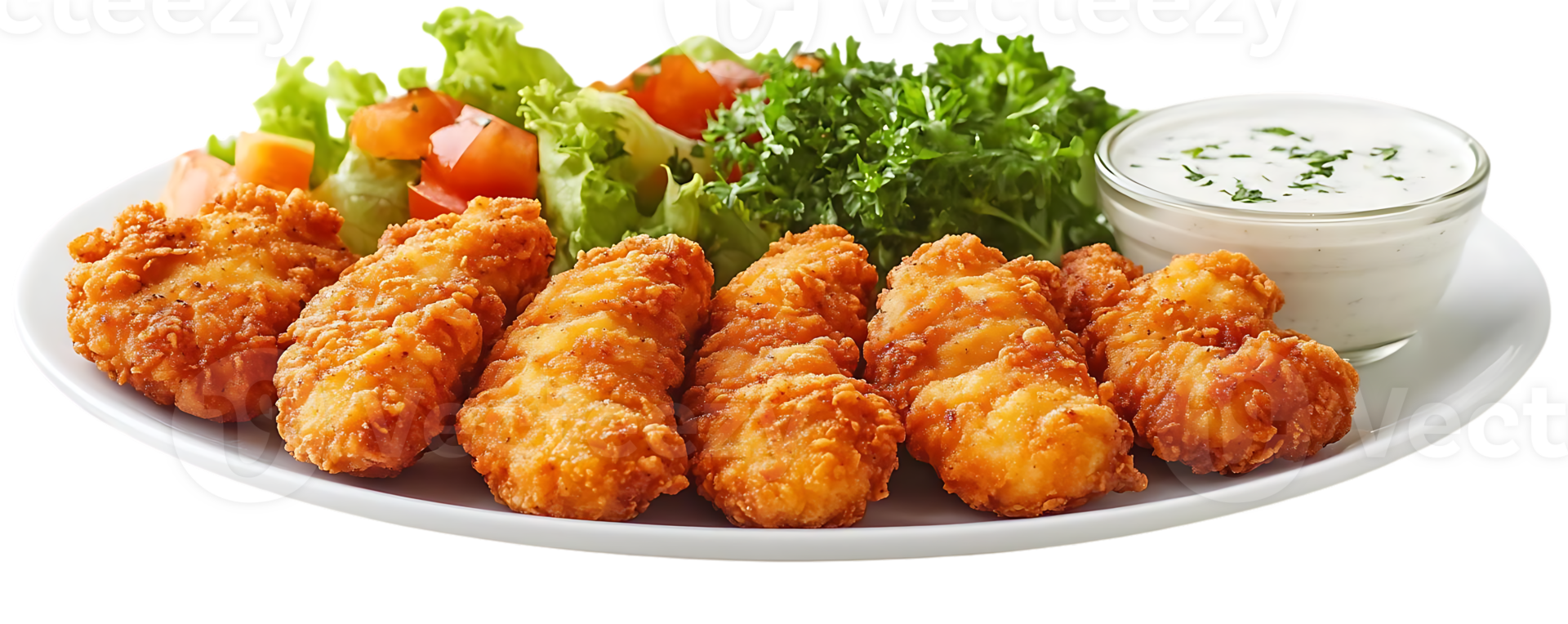 Crispy Chicken Tenders Served with Salad and Ranch Dressing on a White Plate,  Transparent Background png