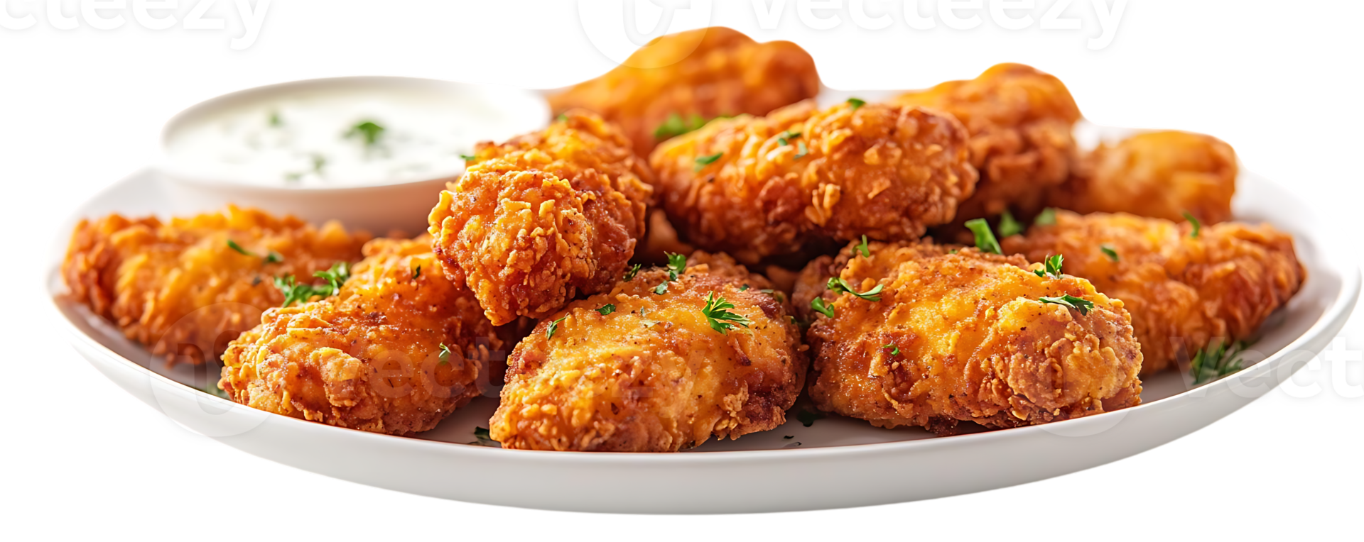 Crispy Fried Chicken Tenders with Creamy Dip on a White Plate, Delicious and Golden Brown, Perfect for a Snack or Meal, Transparent Background png