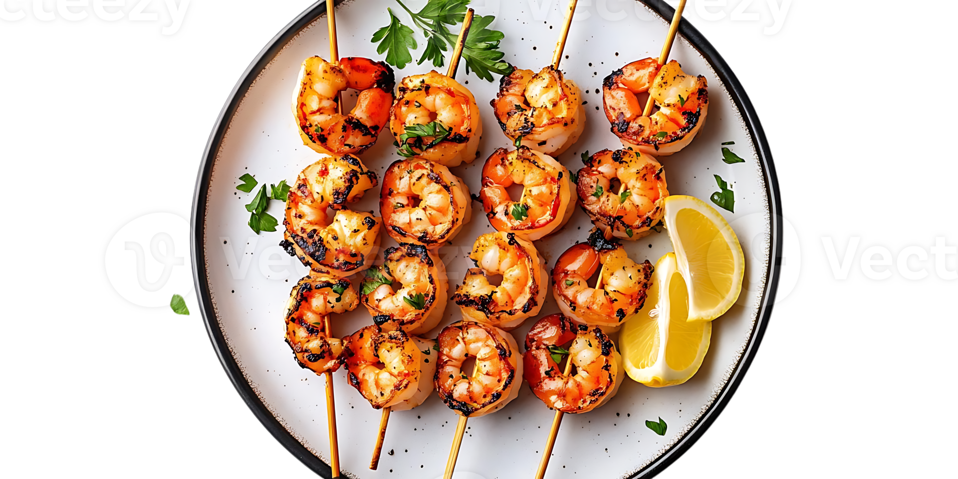 Grilled Shrimp Skewers with Lemon Slices on a Plate with a Transparent Background png