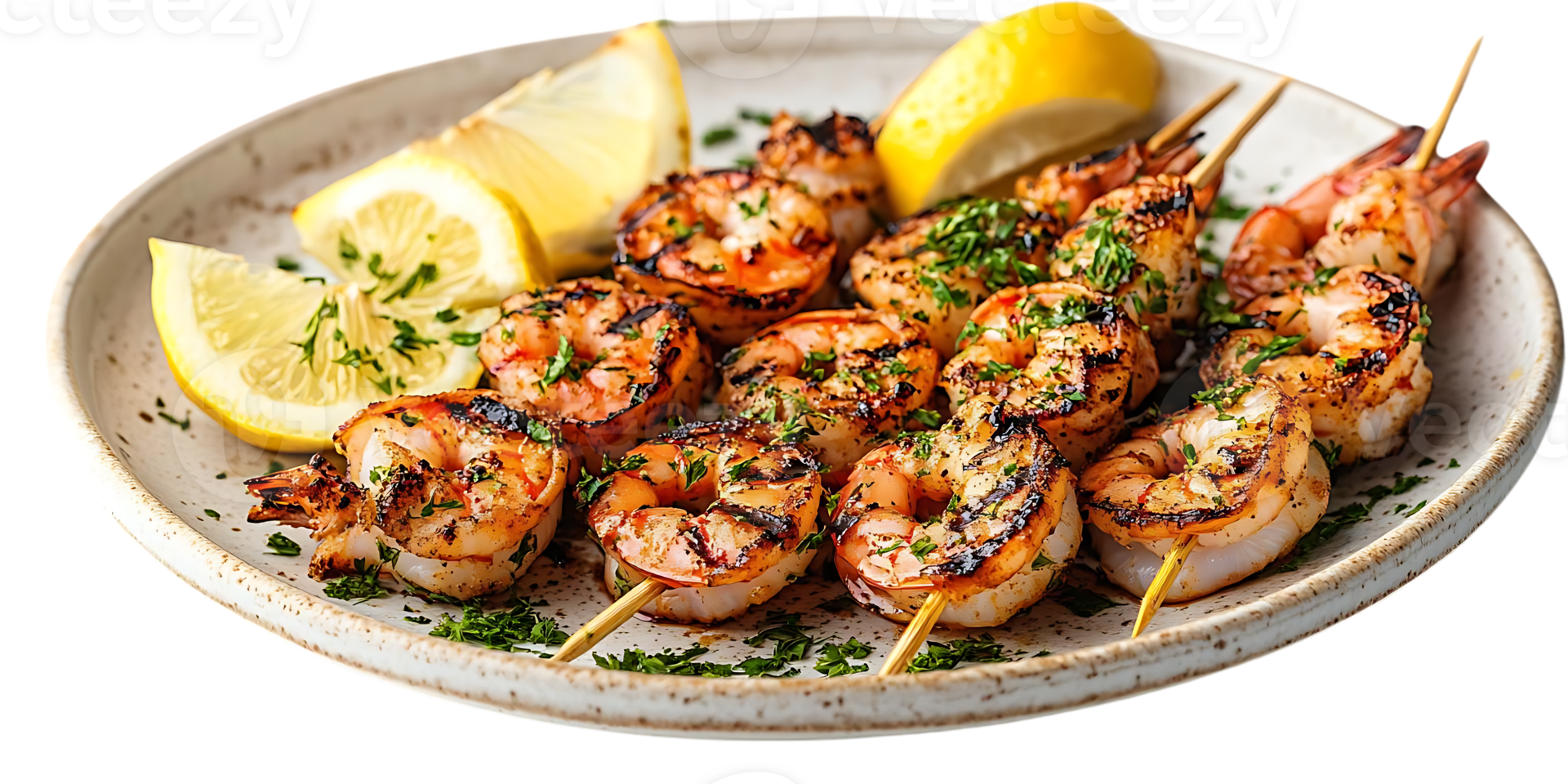Grilled Shrimp Skewers with Lemon Slices and Parsley on a White Plate with Transparent Background png