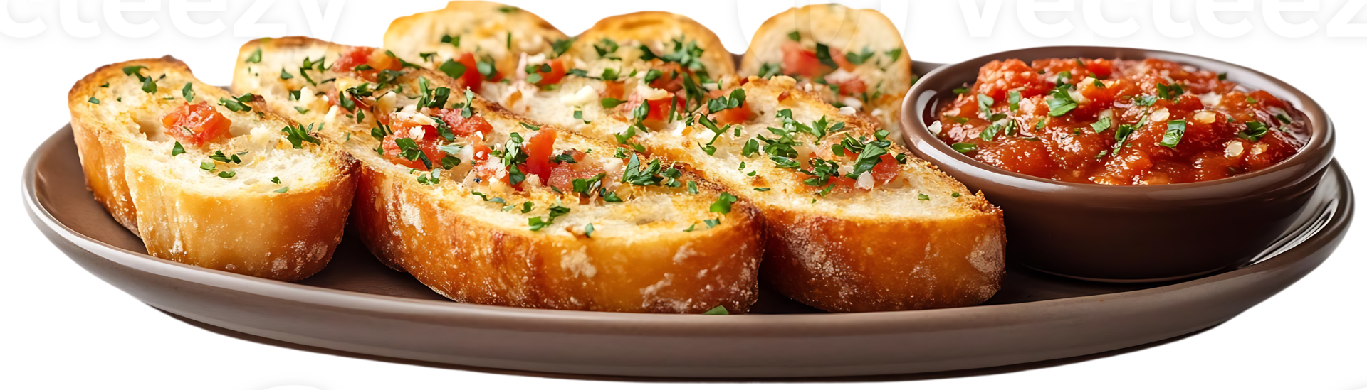 Crispy Toasted Garlic Bread with Tomato Salsa and Parsley on a Plate with a Transparent Background png