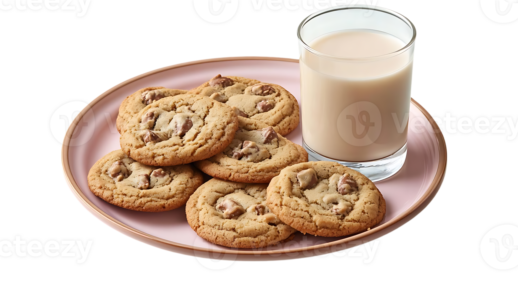 Delicious Chocolate Chip Cookies with a Glass of Milk on a Pink Plate with a Transparent Background png