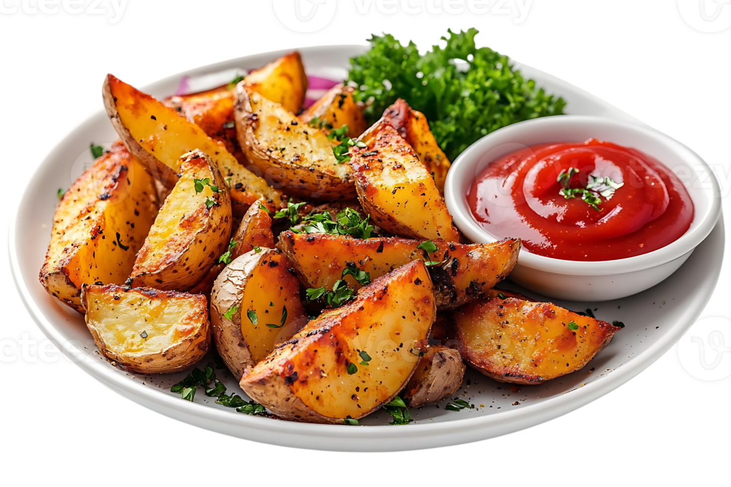 Crispy Baked Potato Wedges with Parsley and Ketchup on a Transparent Background png