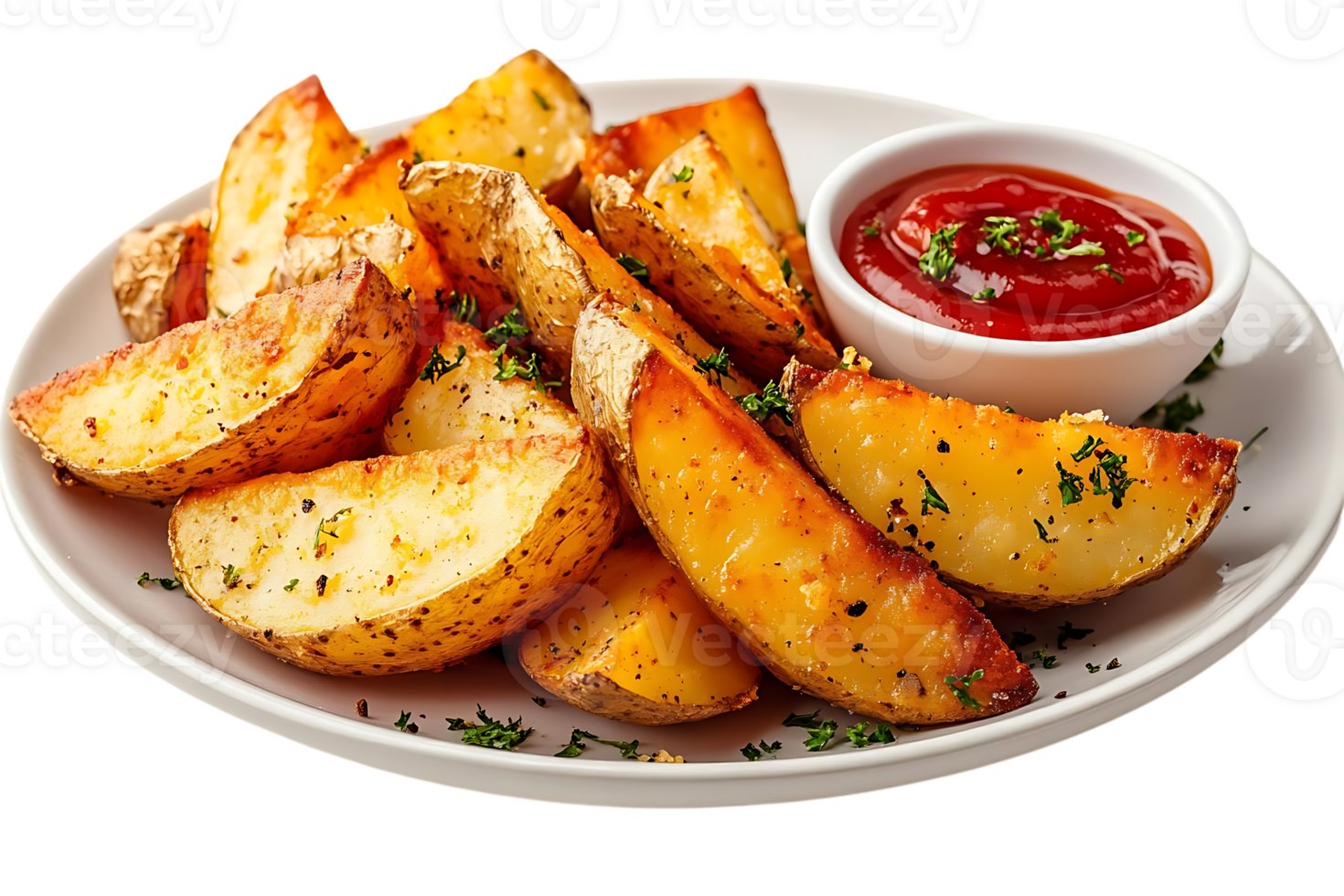 Crispy Baked Potato Wedges with Ketchup, A Delicious Side Dish with a Transparent Background png