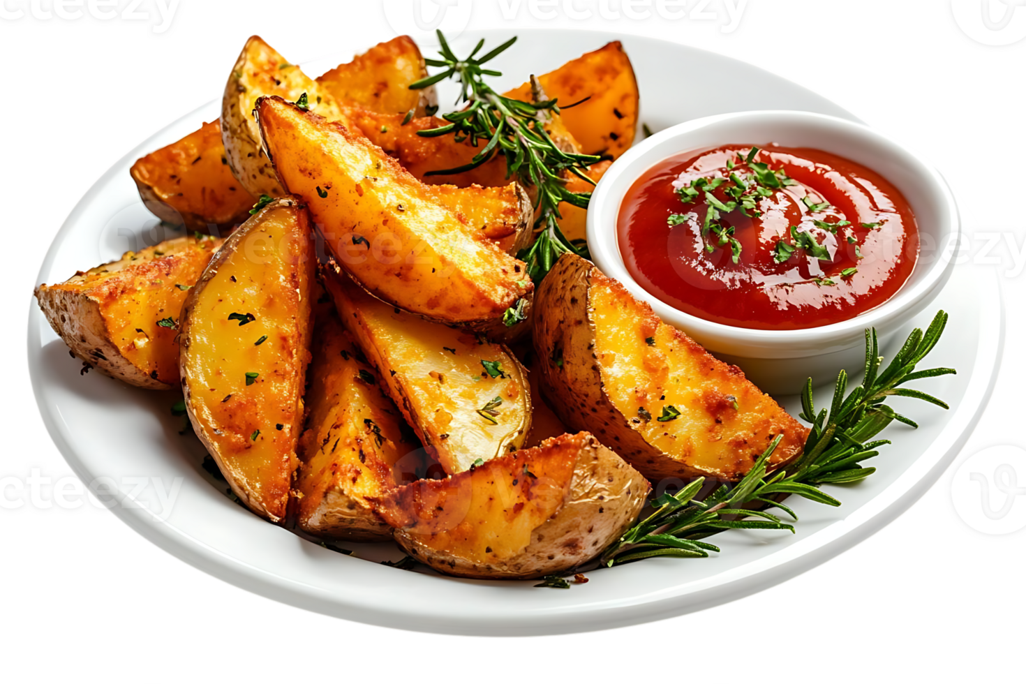 Crispy Potato Wedges with Rosemary and Ketchup on a Transparent Background png