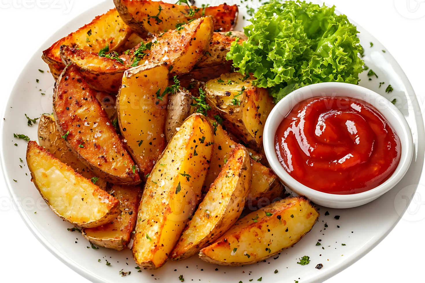 Crispy Baked Potato Wedges with a Side of Ketchup and Parsley, on a White Plate with a Transparent Background png