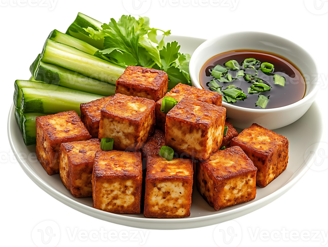 Crispy Fried Tofu with Cucumber and Soy Sauce on a Transparent Background png
