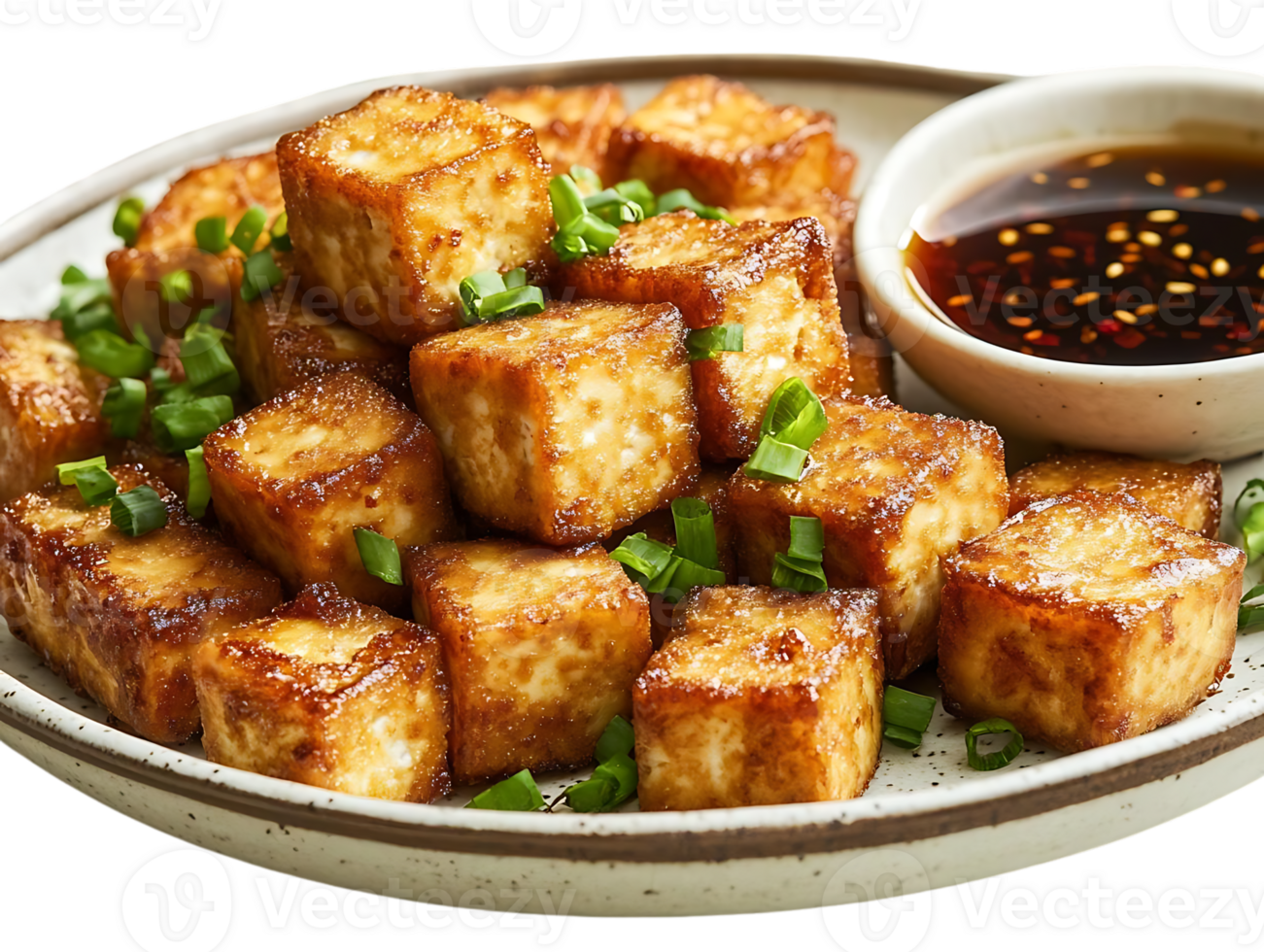 Crispy Fried Tofu with Green Onions and Dipping Sauce on a Plate with Transparent Background png