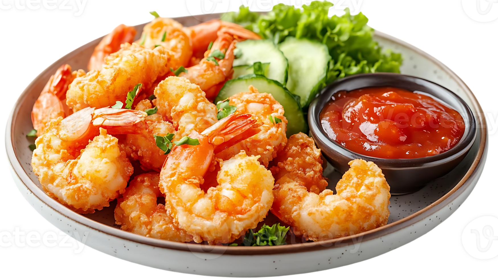 Crispy Fried Shrimp with Spicy Sauce and Cucumber Salad, A Delicious and Easy Appetizer png