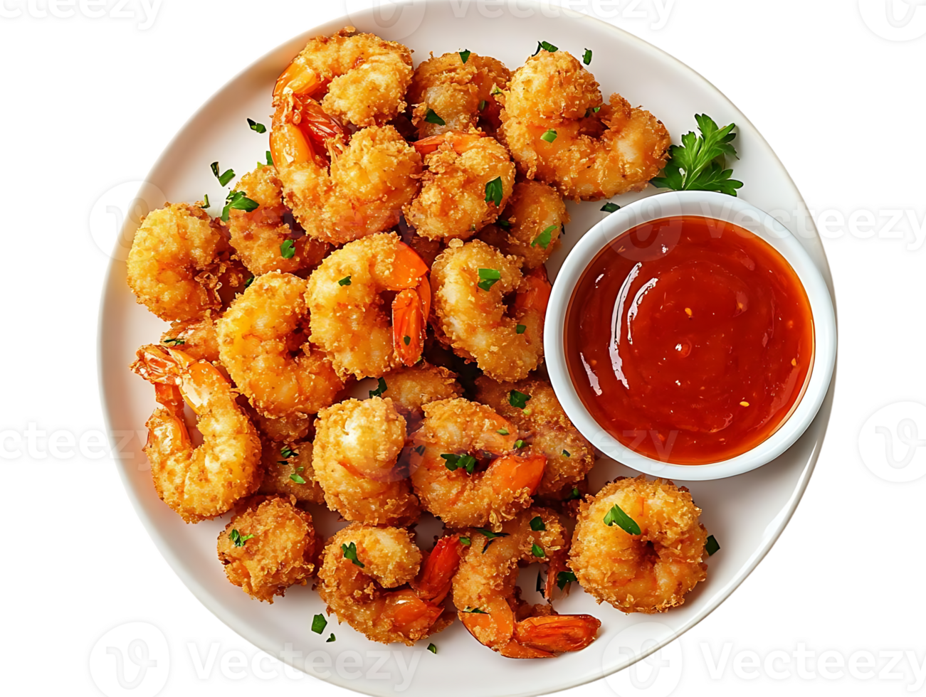 Crispy Breaded Shrimp with Sweet Chili Sauce on a White Plate with Transparent Background png