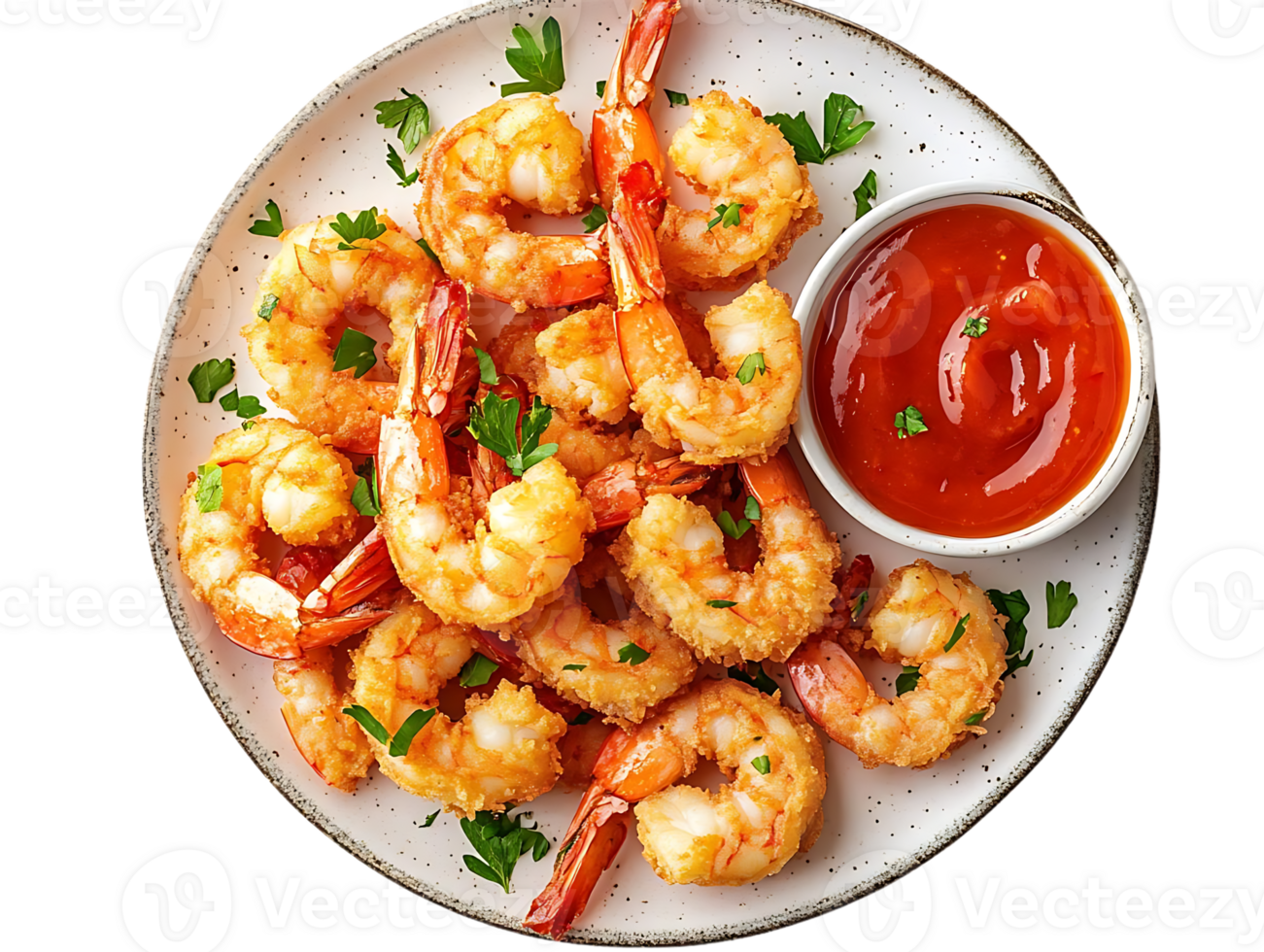 Crispy Fried Shrimp with Spicy Sauce on a White Plate,  Transparent Background png