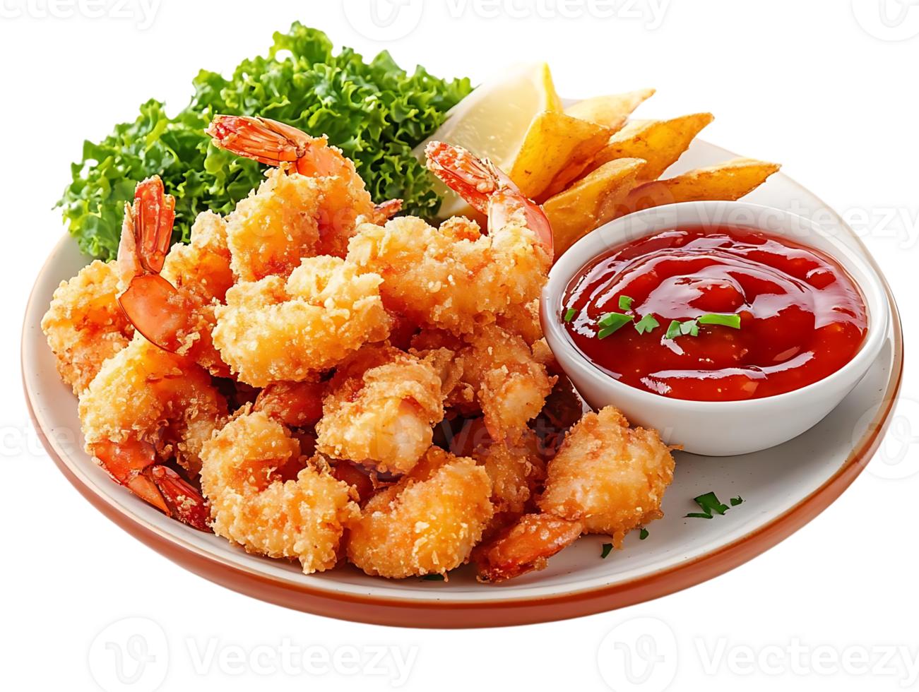 Crispy Fried Shrimp with Lemon, Fries, and Ketchup, Delicious Food with Transparent Background png