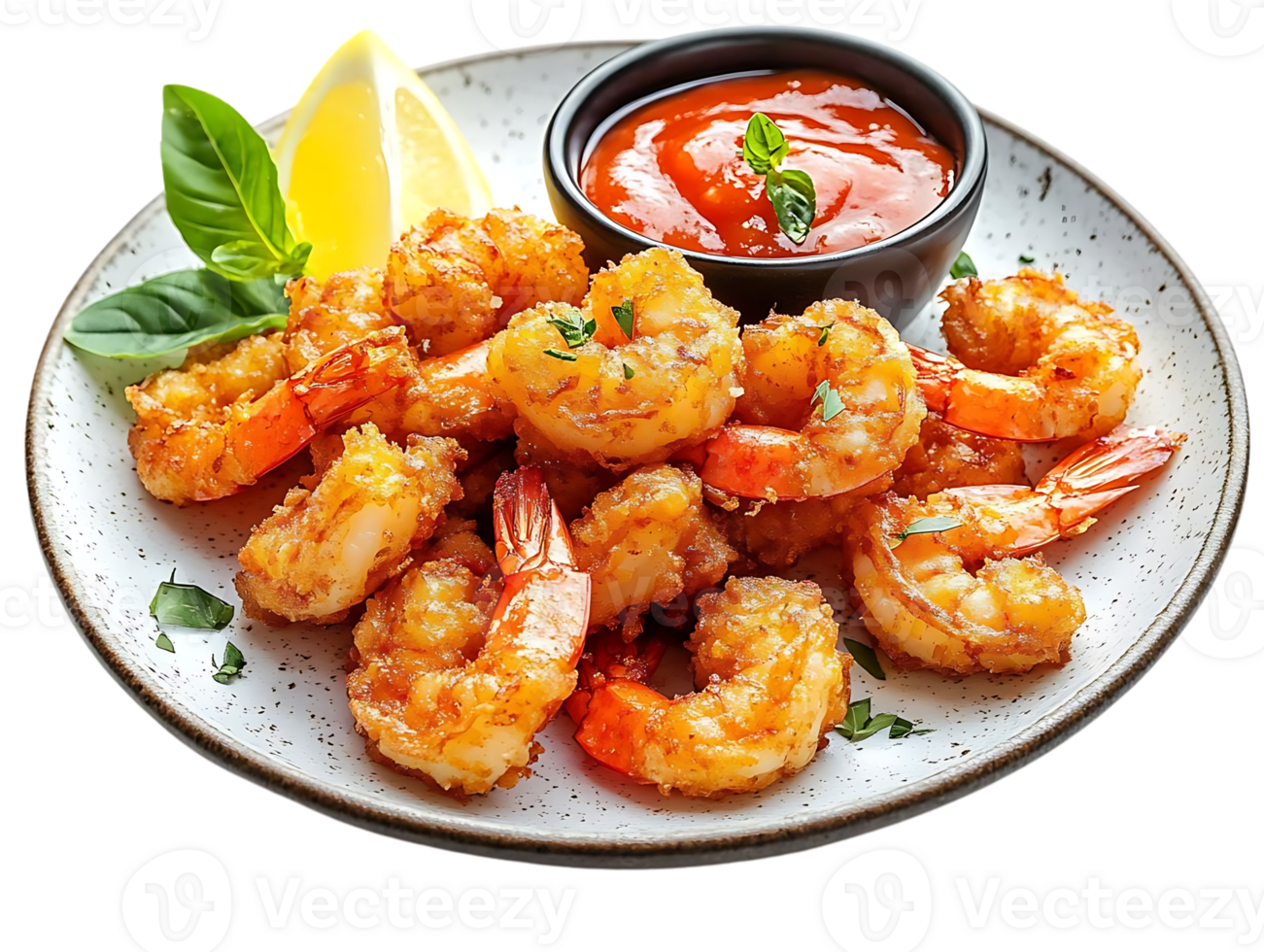 Crispy Fried Shrimp with Spicy Sauce and Lemon Wedge on a White Plate with a Transparent Background png