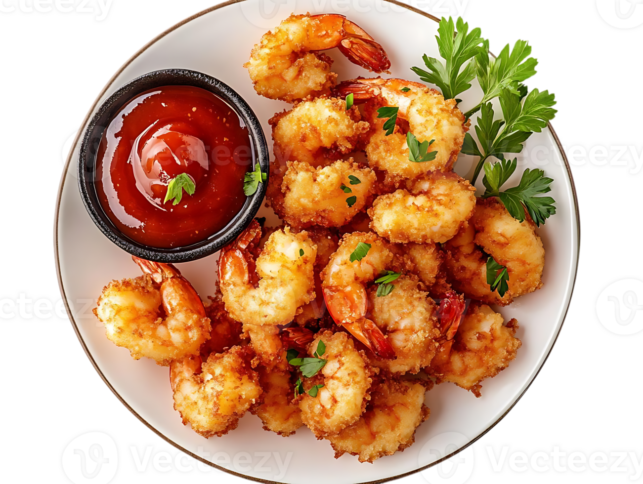 Crispy Fried Shrimp with Spicy Sauce and Parsley on a Transparent Background png