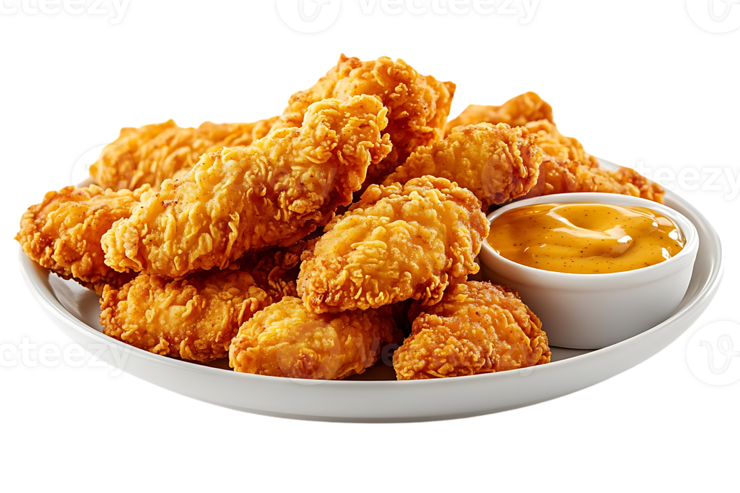 Crispy Chicken Tenders Served with Honey Mustard Sauce on a White Plate, Transparent Background png