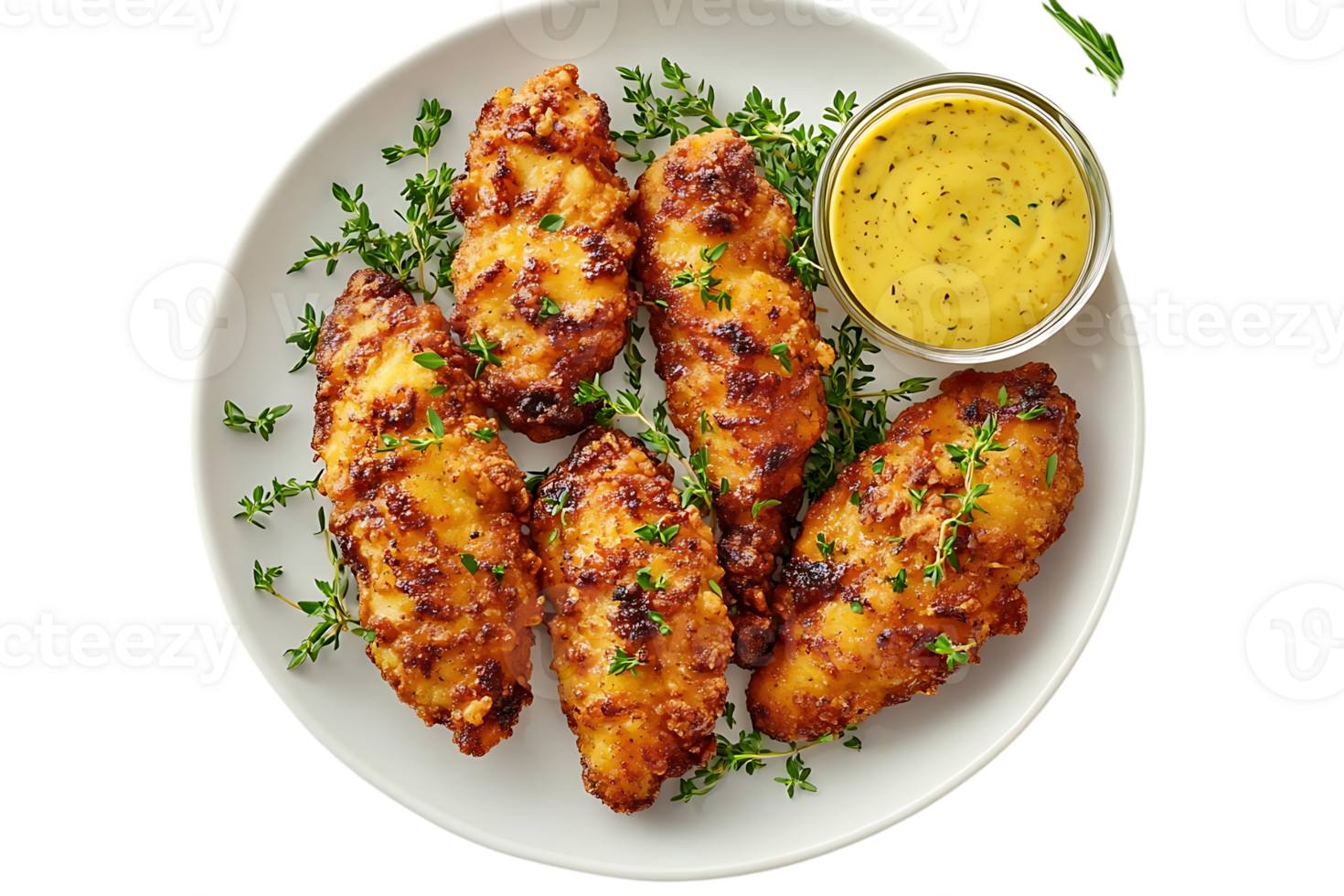 Crispy Fried Chicken Tenders with Mustard Sauce and Thyme Garnish on a White Plate with a Transparent Background png