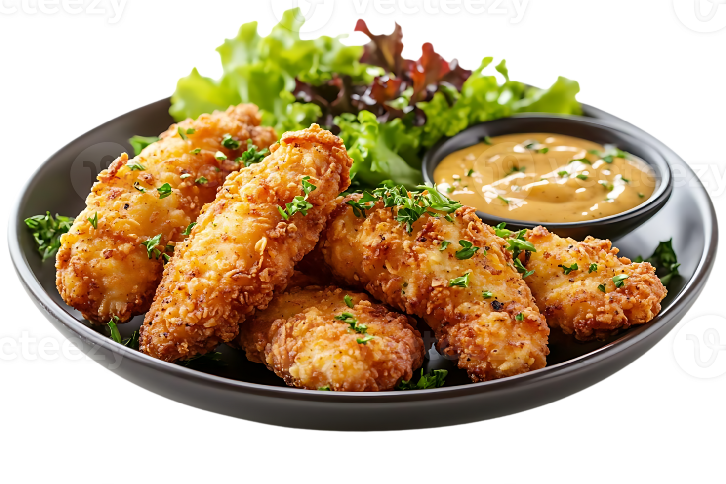Crispy Chicken Tenders Served with Creamy Honey Mustard Sauce on a Plate with Fresh Greens and a Transparent Background png