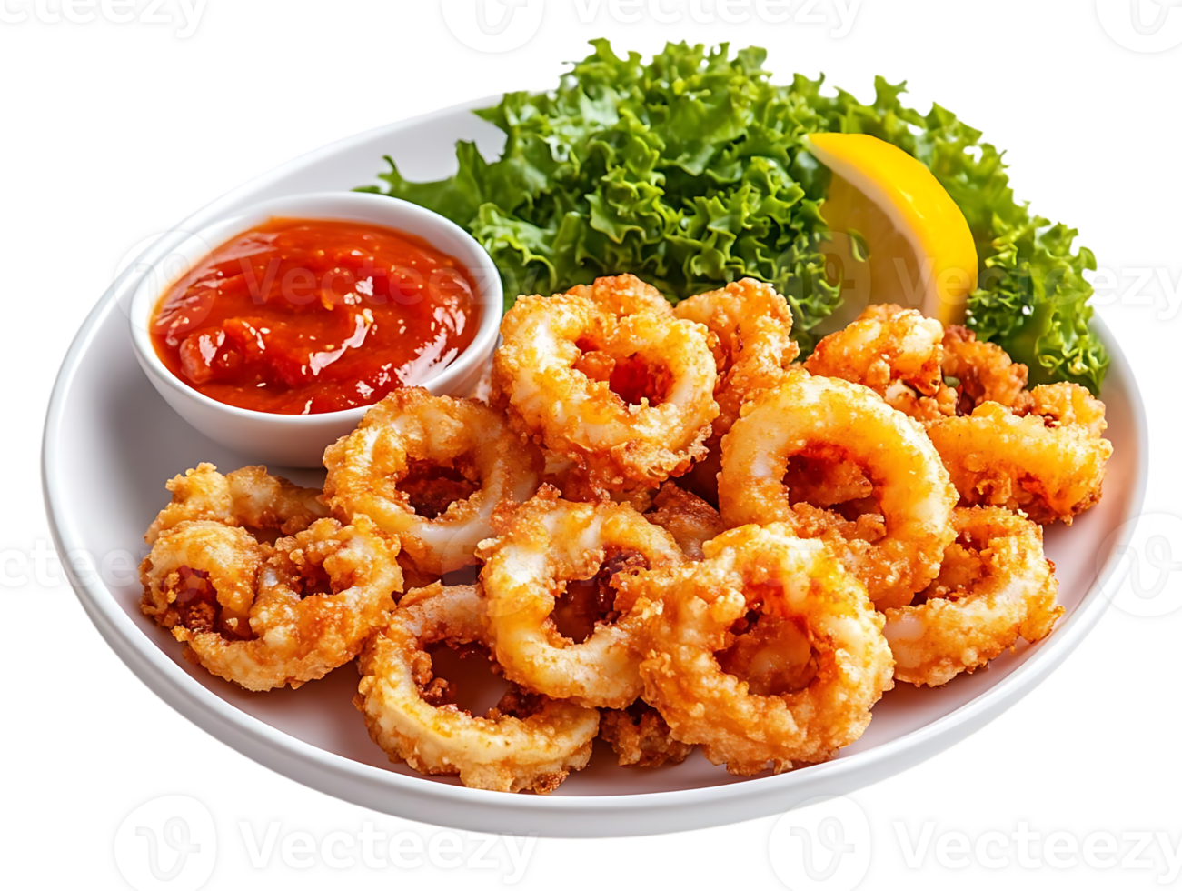 Crispy Fried Calamari Rings with Tomato Sauce and Lemon on a Transparent Background png