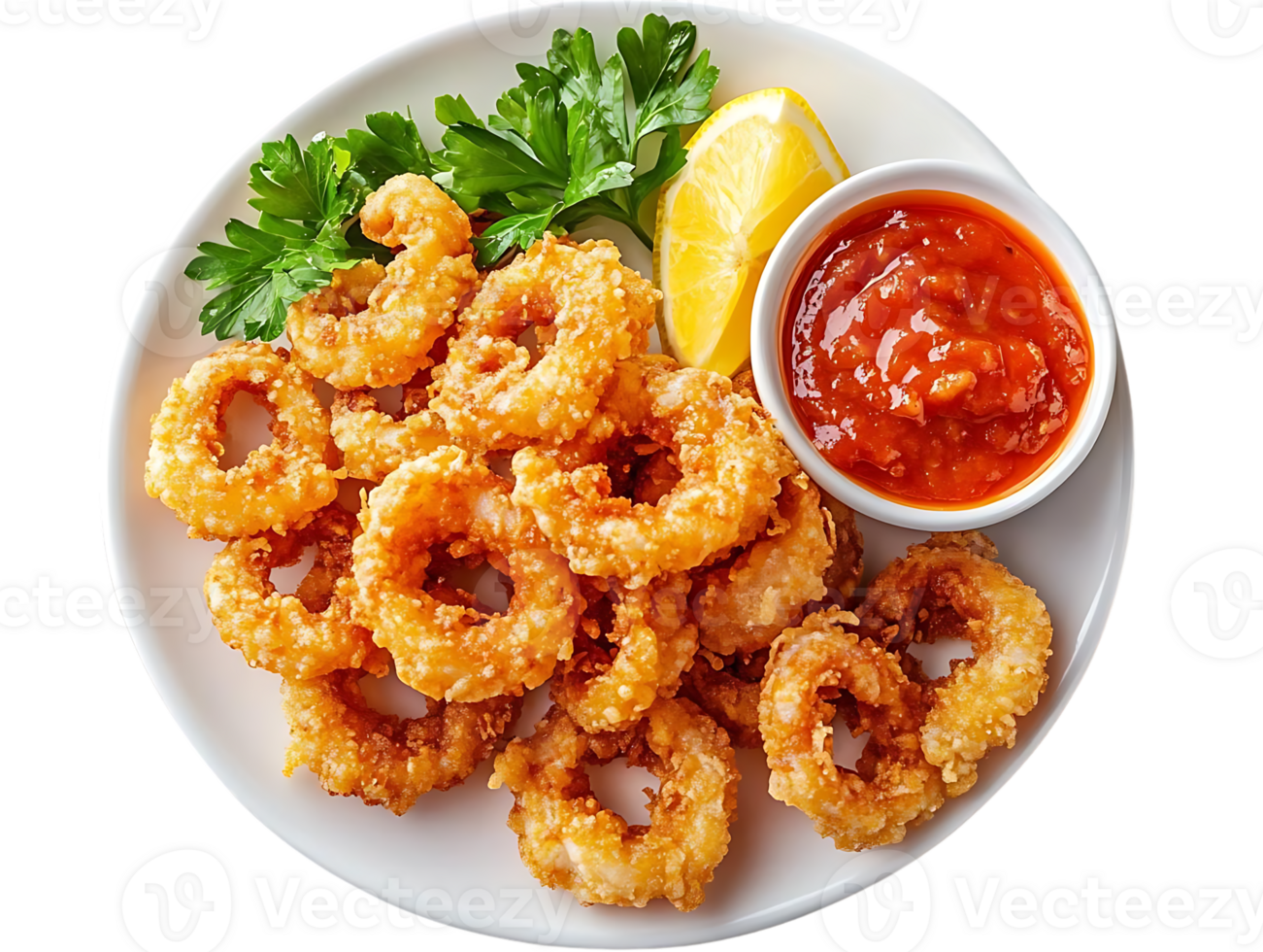 Crispy Fried Calamari Rings with Tomato Sauce and Lemon on a White Plate with Transparent Background png