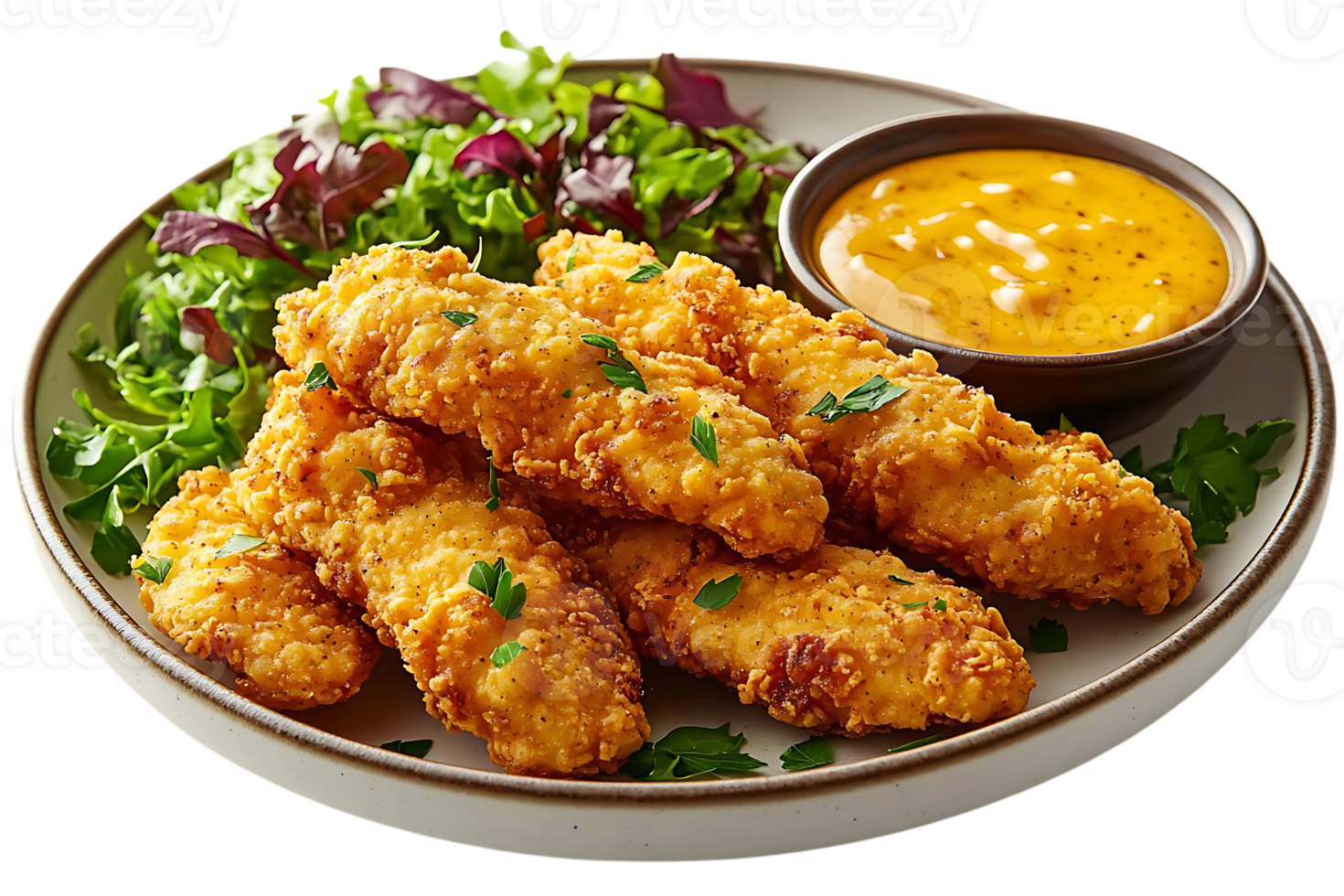 Crispy Chicken Tenders Served with Salad and Mustard Sauce on a Plate with Transparent Background png