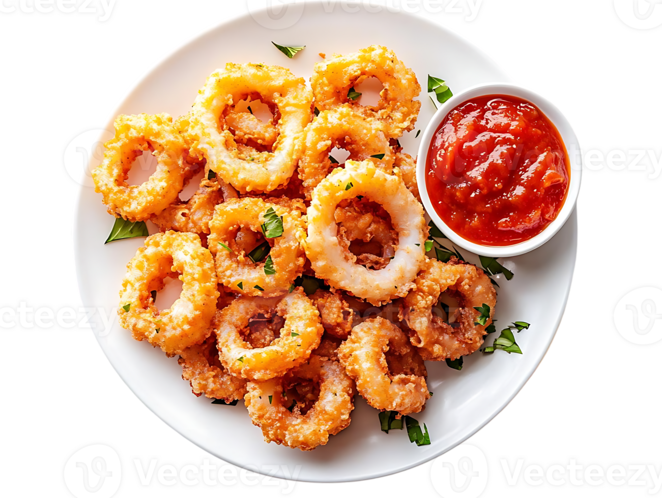 Crispy Fried Calamari Rings with Marinara Sauce on a White Plate,  Transparent Background png