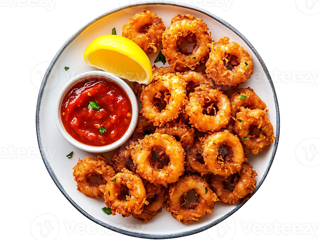Crispy Fried Calamari Rings with Spicy Marinara Sauce and Lemon Wedge on a Transparent Background png
