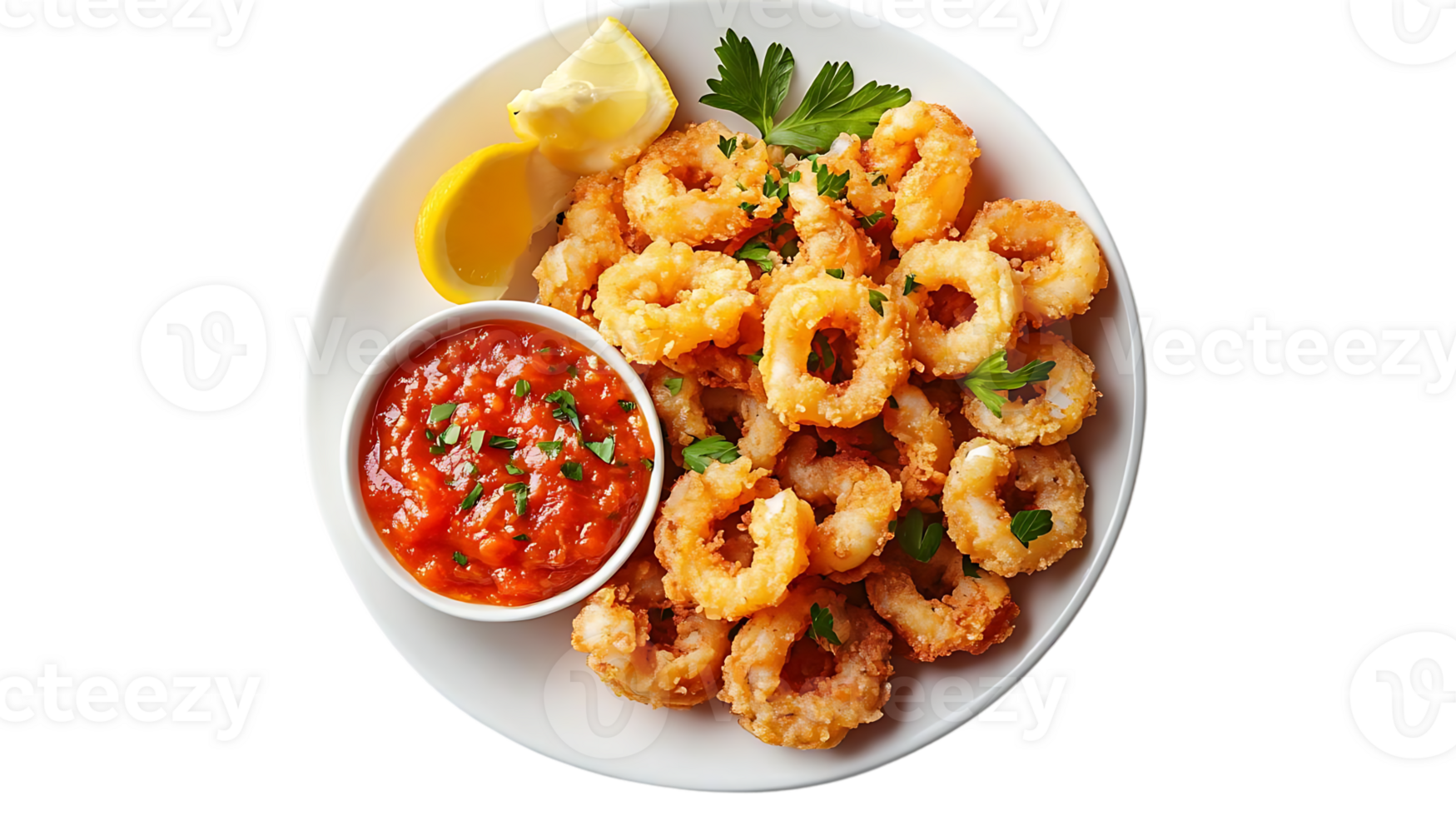 Crispy Fried Calamari Rings with Tomato Sauce and Lemon, A Delicious Appetizer with Transparent Background png