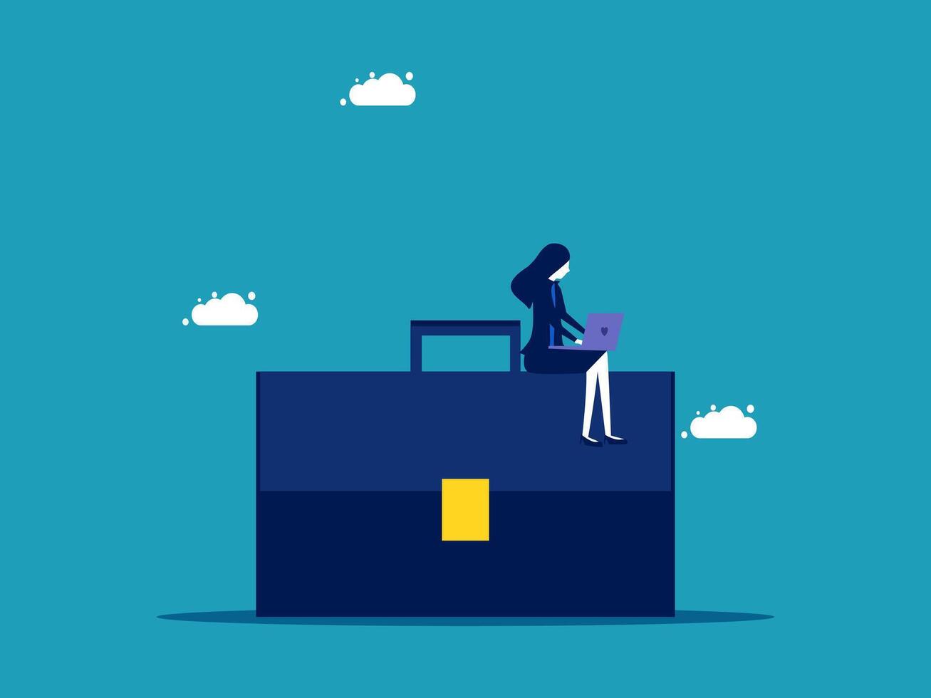 businesswoman sitting on top of a briefcase with laptop vector