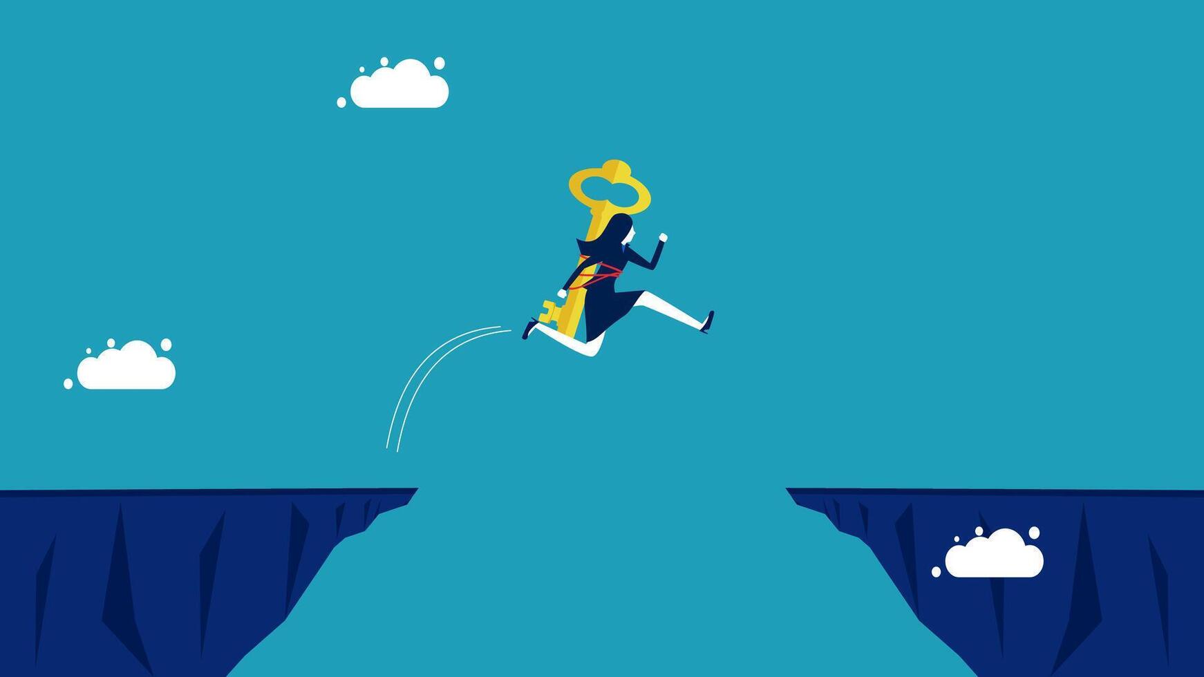 woman jumping over the cliff to get the key to success vector