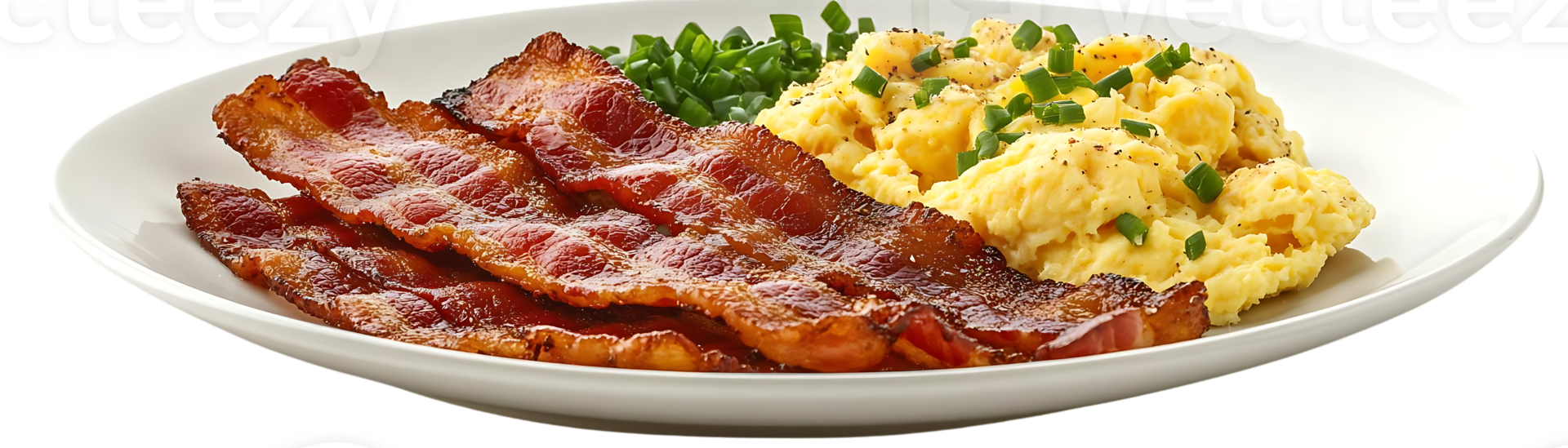 Crispy Bacon and Scrambled Eggs with Green Onions on a White Plate with a Transparent Background png