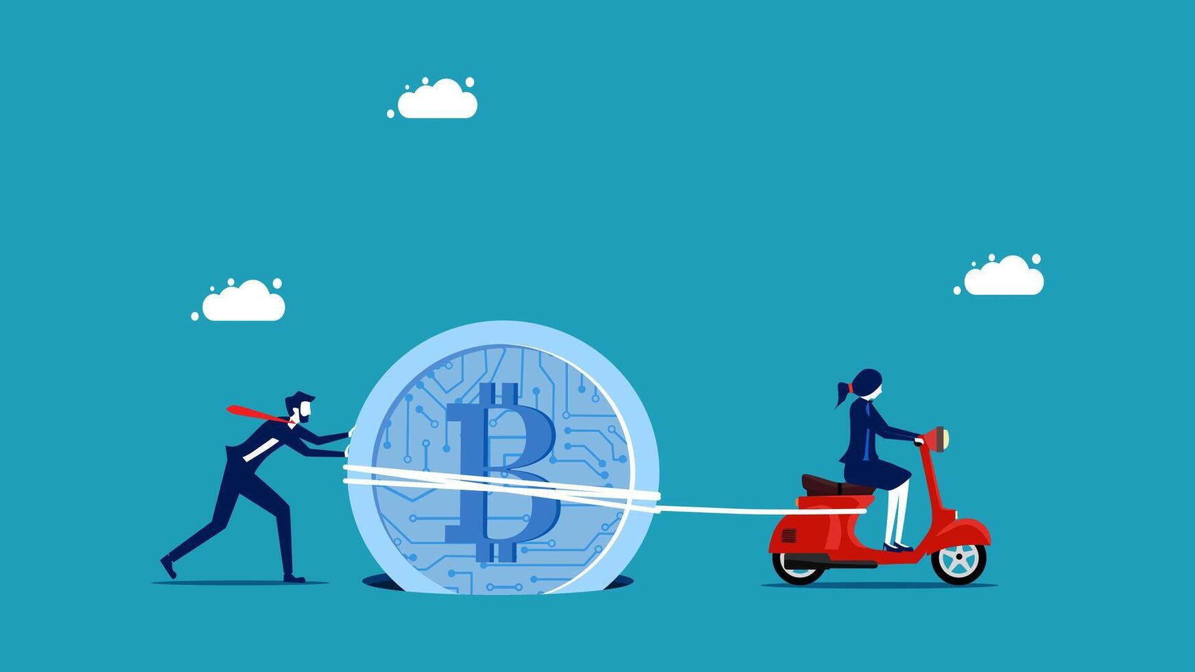 a man and woman on a scooter pulling a bitcoin vector