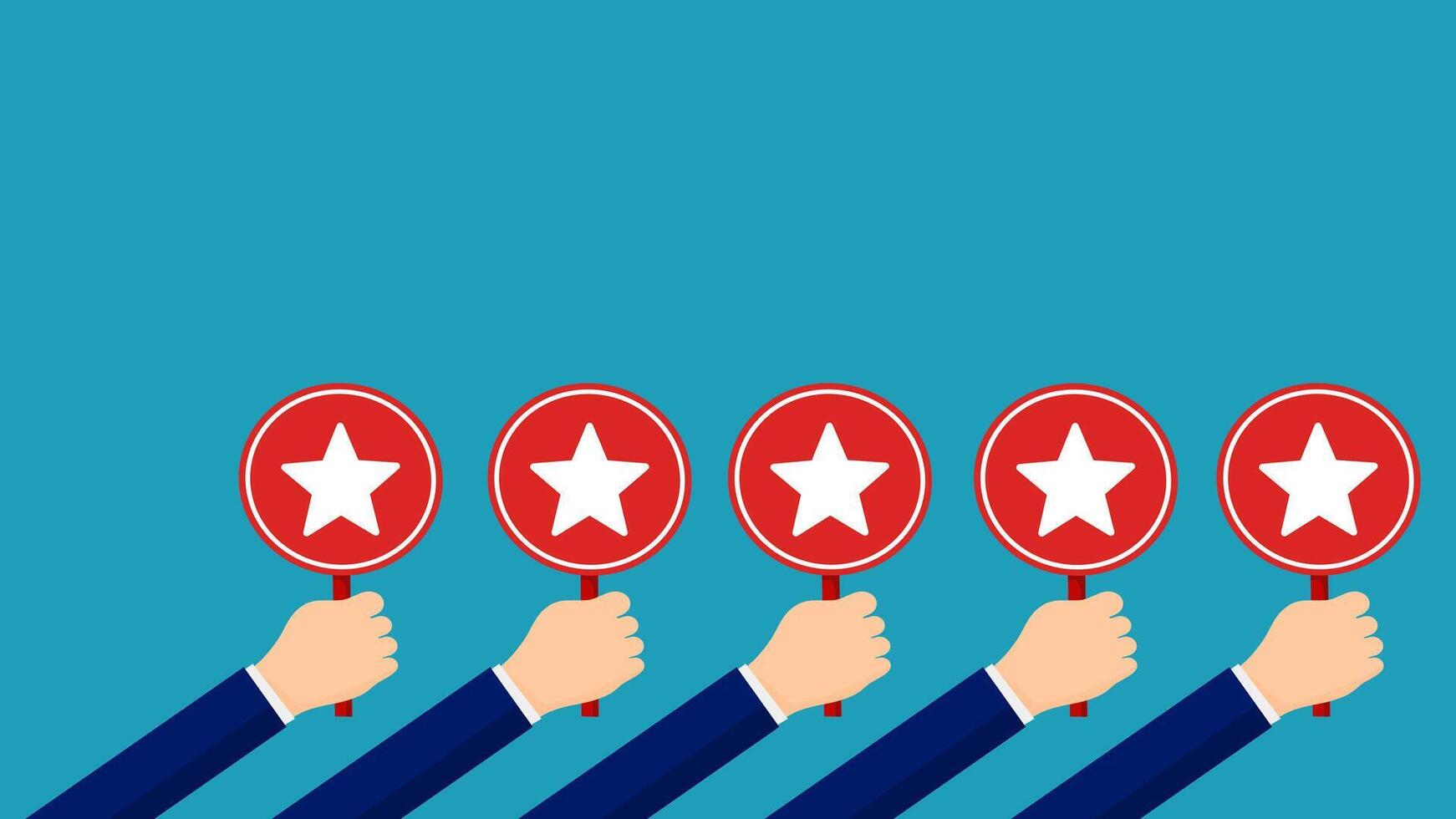 five hands holding up red stars vector