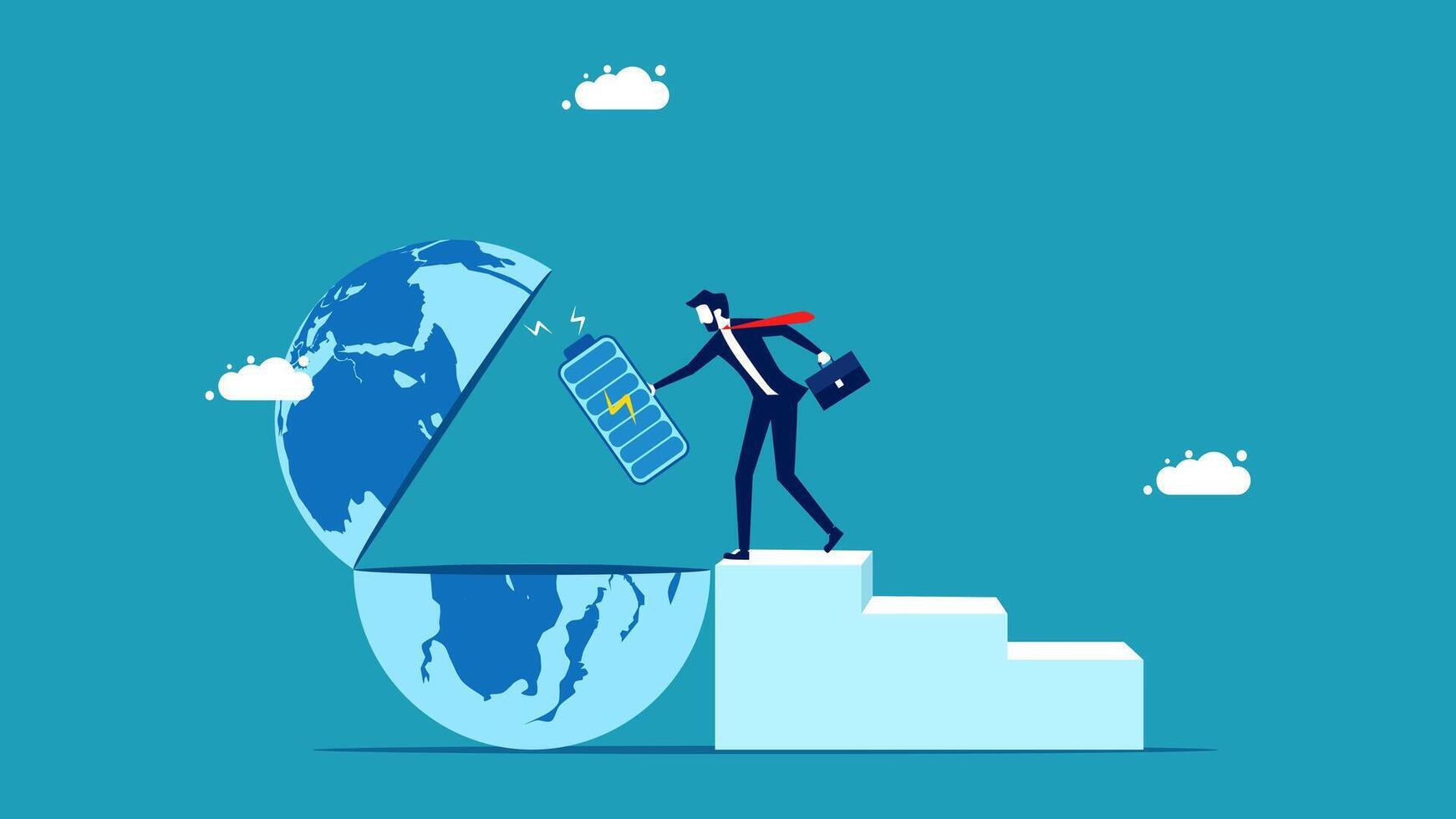 businessman with a suitcase on a ladder holding a globe vector