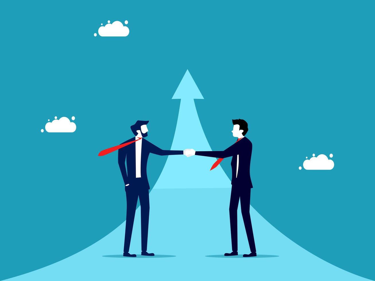 two businessmen shaking hands with an arrow pointing up vector
