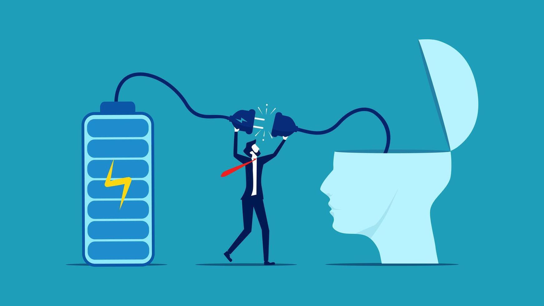 businessman with a power plug in his head and a battery vector