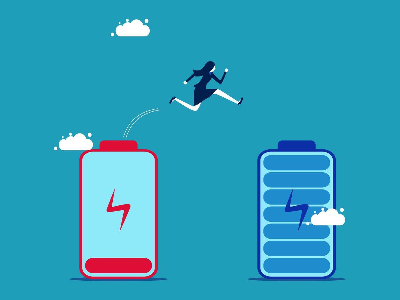 businesswoman jumping over two batteries, one with a lightning bolt and the other with a battery vector