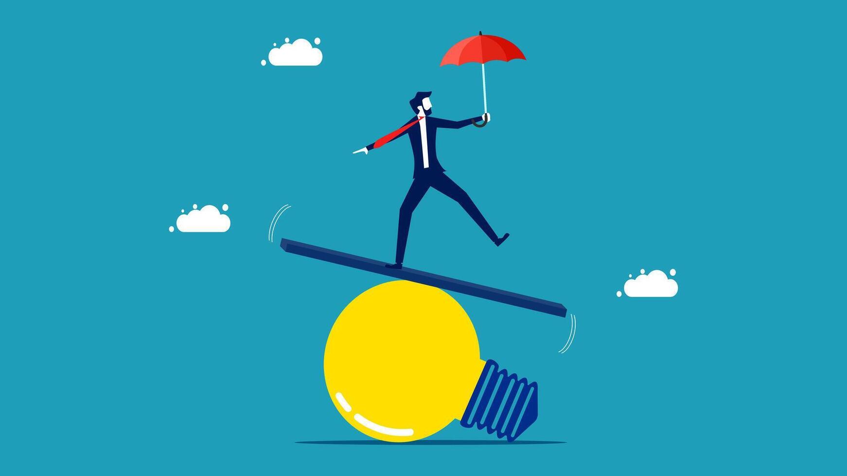 businessman balancing on a light bulb on a balance beam vector