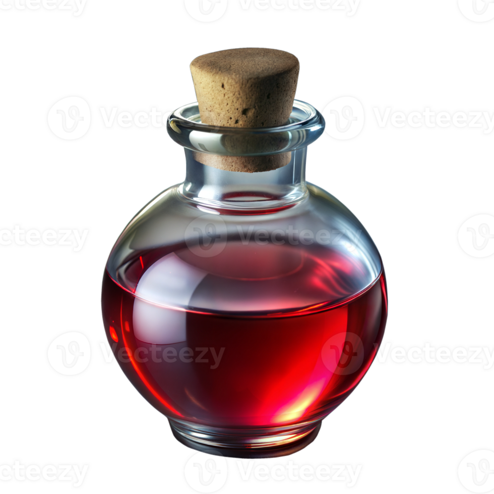 A glass bottle of red liquid with a cork stopper png
