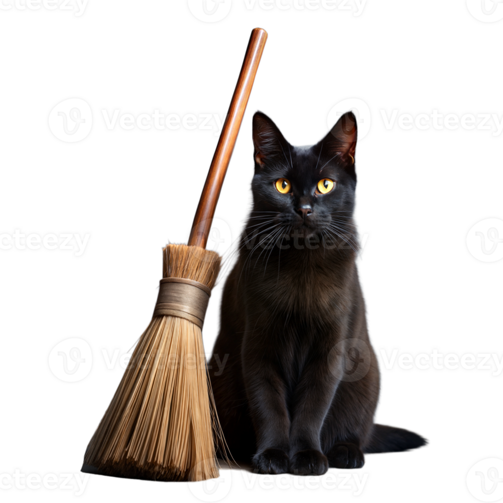 A black cat sits on a broom, looking at the camera png