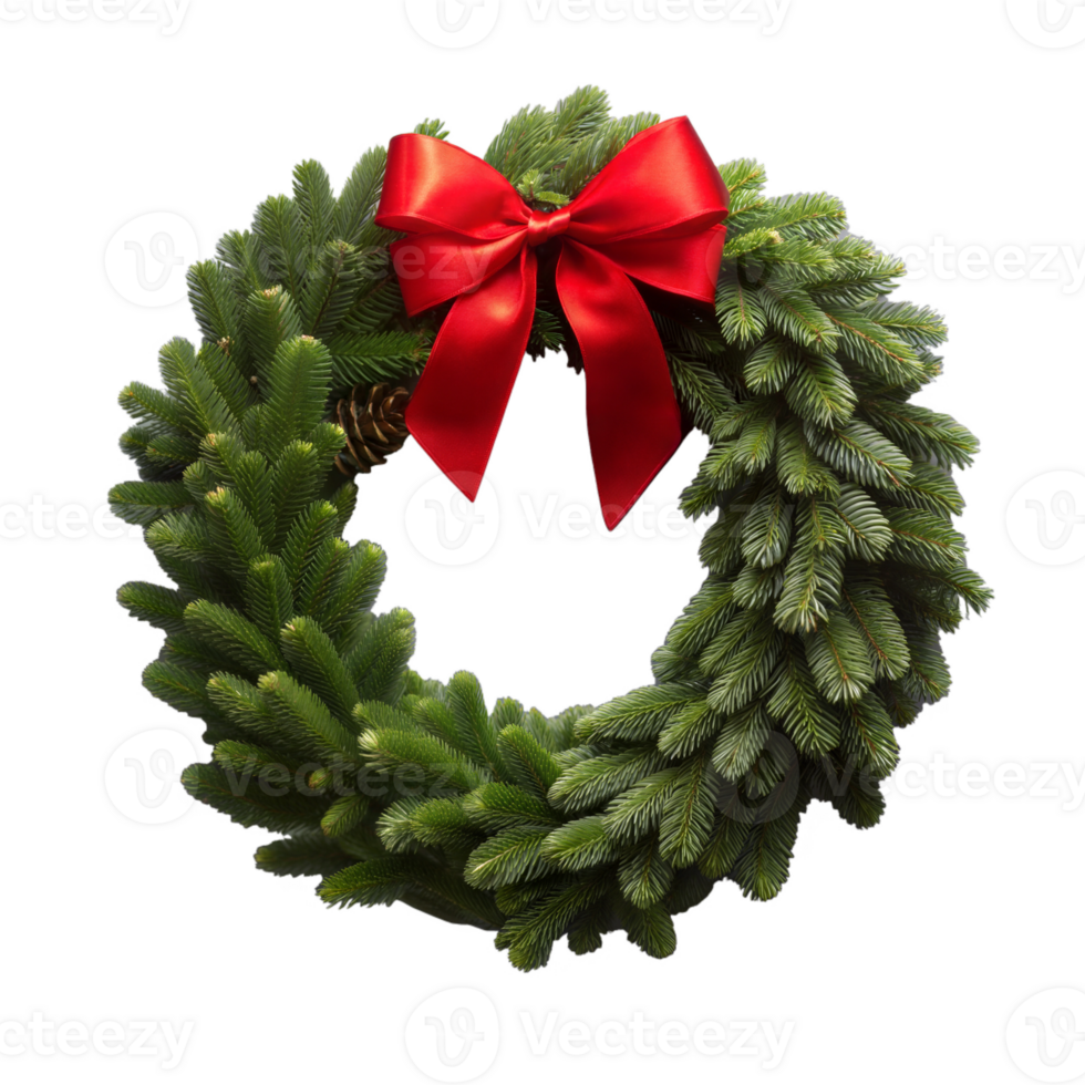 A wreath with a red ribbon and green pine needles png