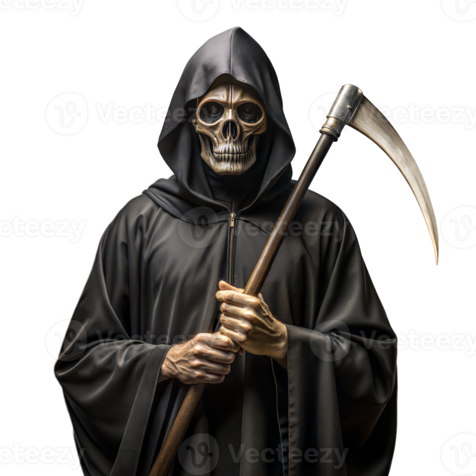 A skeleton wearing a black cloak holding a long, curved staff png