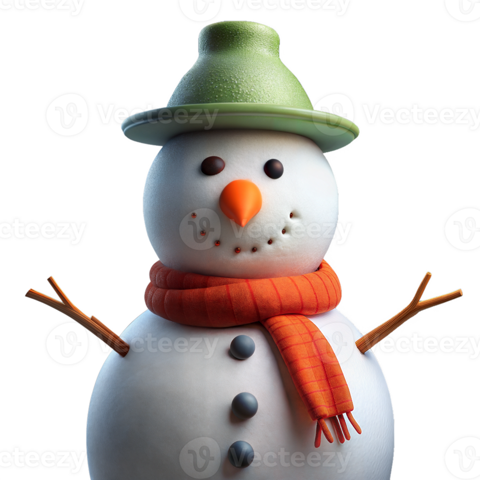 A snowman with a green hat and orange scarf png