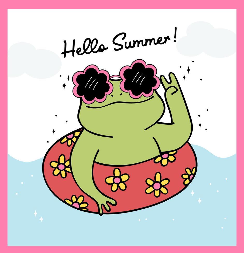 Groovy Retro Summer Frog cartoon character Summer Beach vibe vector