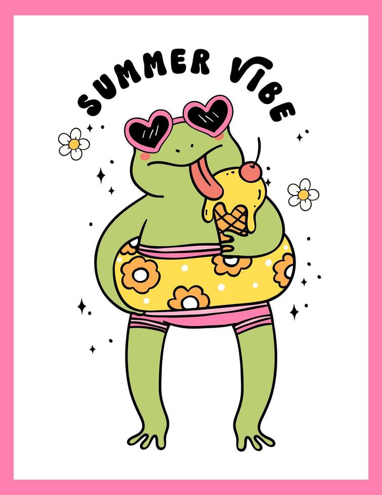 Groovy Retro Summer Frog beach licks ice cream cartoon character Summer vibe vector