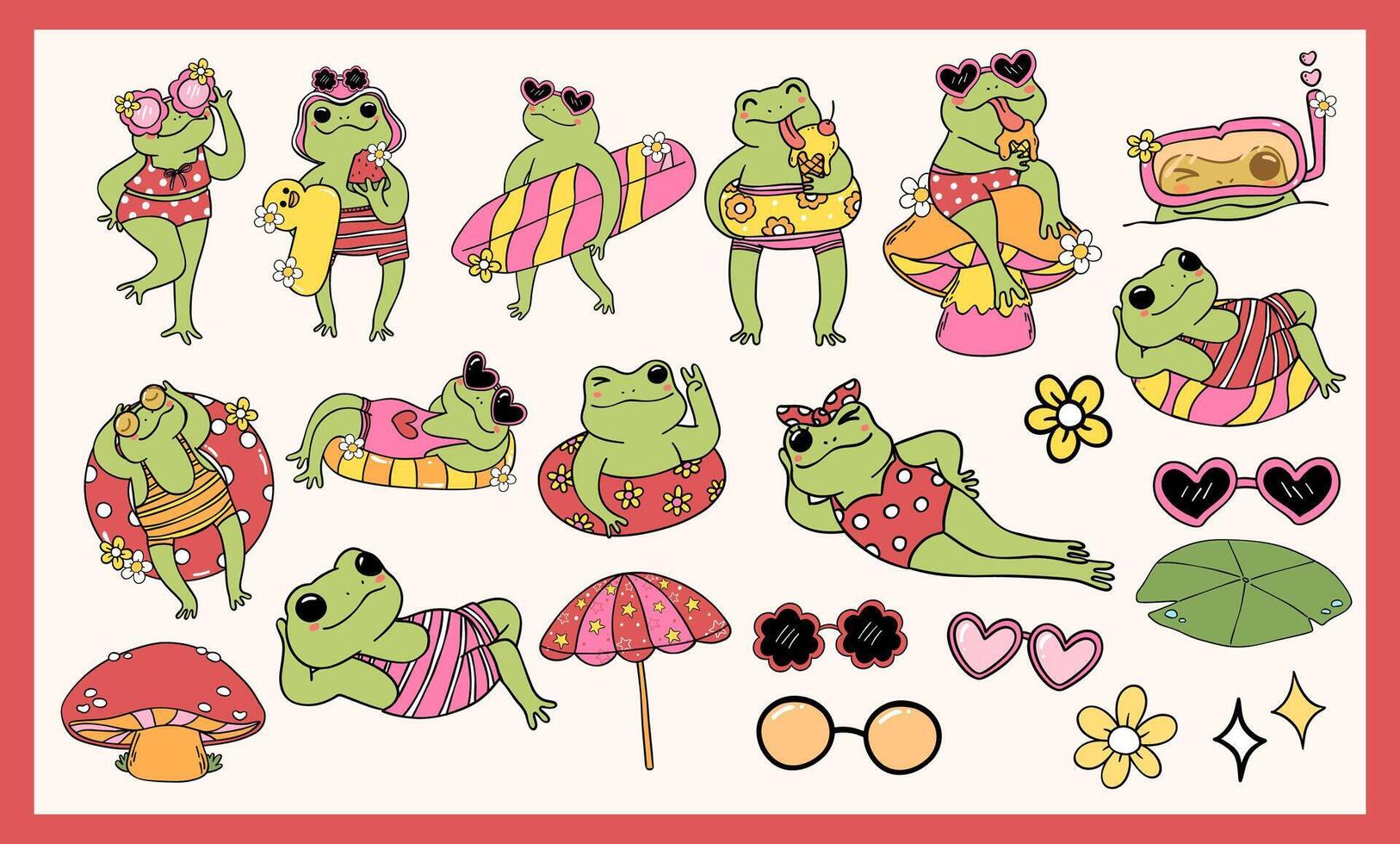 Retro Frog Summer Beach vibe element clipart set Groovy drawing vector