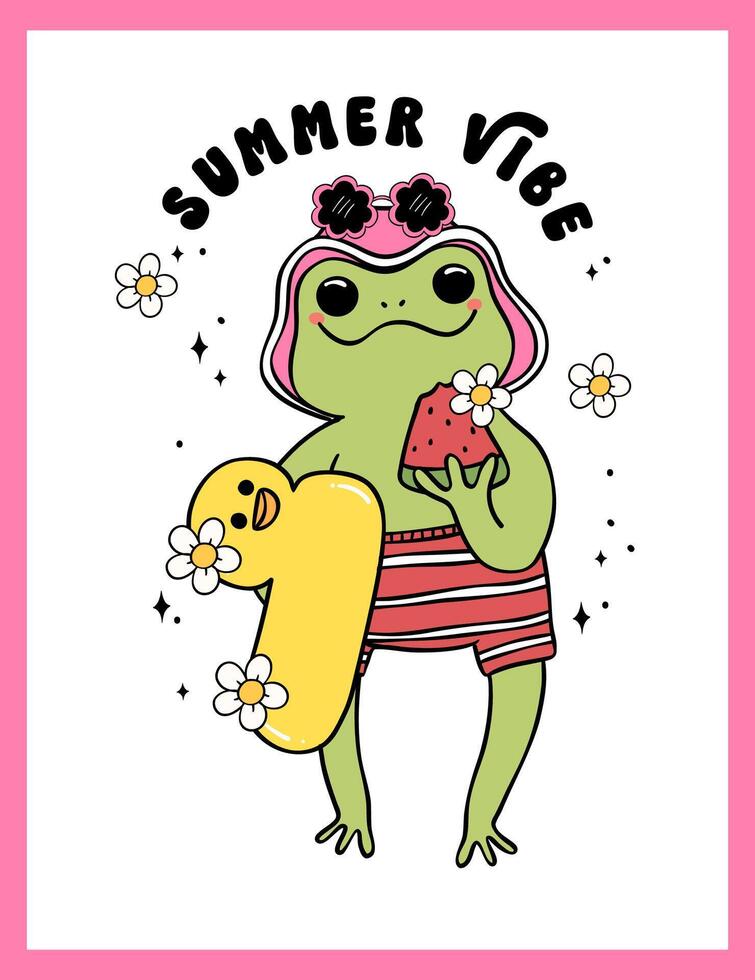 Groovy Retro Summer Frog beach with duck ring cartoon character Summer vibe vector